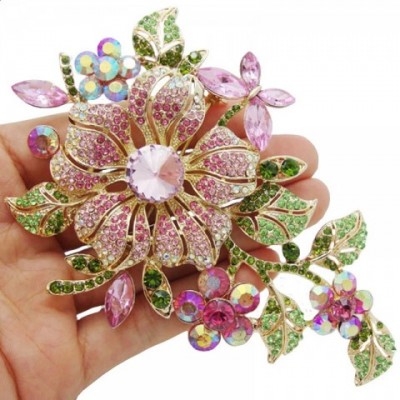 Elegant Large Pink Crystal Flower Brooch for Women