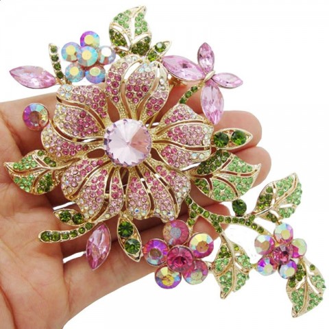 Elegant Large Pink Crystal Flower Brooch for Women