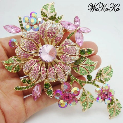 Elegant Large Pink Crystal Flower Brooch for Women
