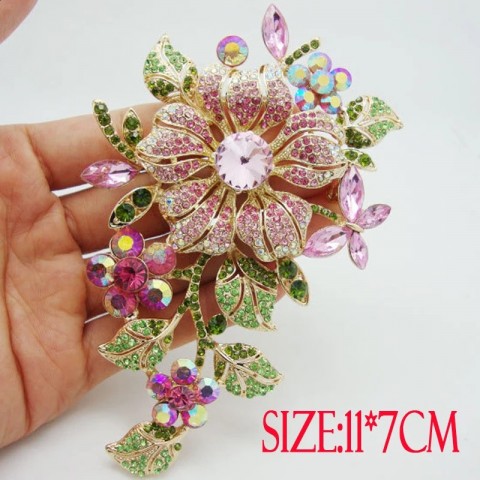 Elegant Large Pink Crystal Flower Brooch for Women