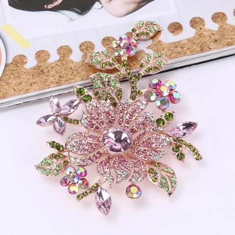 Elegant Large Pink Crystal Flower Brooch for Women