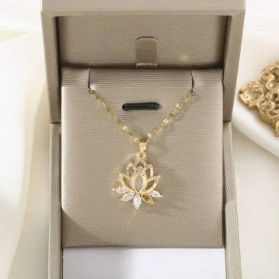 High-Quality 18k Gold Plated Lotus Necklace with Cats Eye Stone for Women