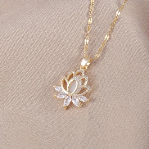 High-Quality 18k Gold Plated Lotus Necklace with Cats Eye Stone for Women
