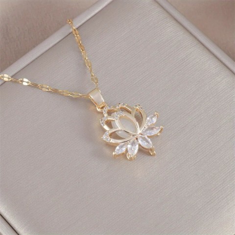 High-Quality 18k Gold Plated Lotus Necklace with Cats Eye Stone for Women