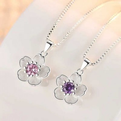 Luxury Women's Peach Blossom 925 Sterling Silver Pink Purple Necklace GaaBou