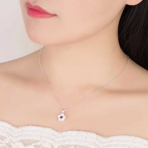 Luxury Women's Peach Blossom 925 Sterling Silver Pink Purple Necklace GaaBou