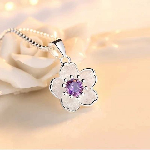 Luxury Women's Peach Blossom 925 Sterling Silver Pink Purple Necklace GaaBou