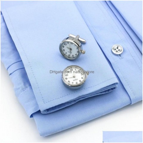 Elegant Silver Cuff Links for Men, Functional Watch Included, High-Quality Copper Cufflinks