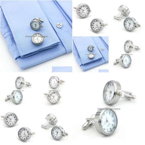 Elegant Silver Cuff Links for Men, Functional Watch Included, High-Quality Copper Cufflinks
