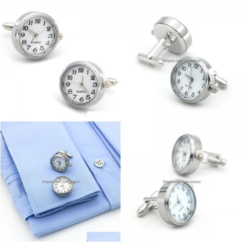 Elegant Silver Cuff Links for Men, Functional Watch Included, High-Quality Copper Cufflinks