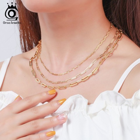 Strands Strings ORSA JEWELS 14K Gold Plated Sterling Silver Paperclip Chain Necklace 69.312mm Women Men SC39