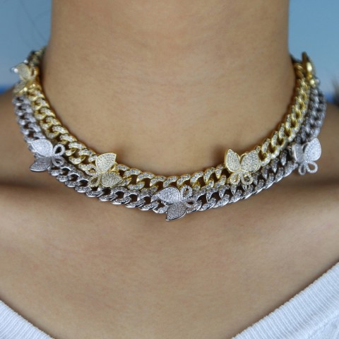 2020 Iced Out Bling CZ Butterfly Charm Choker Necklace for Women