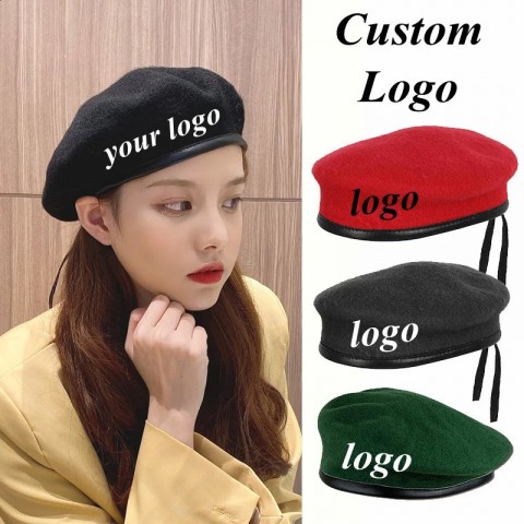 Custom Unisex Adjustable Wool Beret with PU Edge