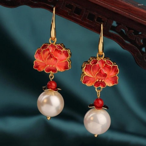 Vintage Red Cloisonne Rose Dangle Earrings for Women