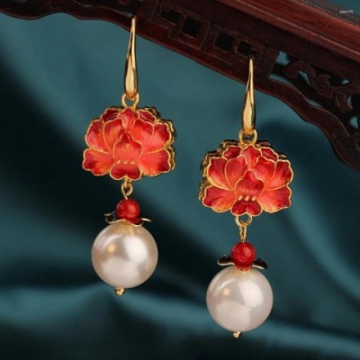 Vintage Red Cloisonne Rose Dangle Earrings for Women