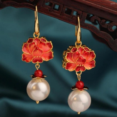 Vintage Red Cloisonne Rose Dangle Earrings for Women