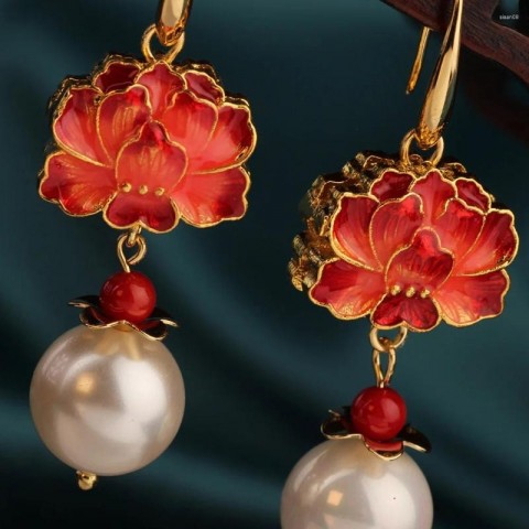Vintage Red Cloisonne Rose Dangle Earrings for Women