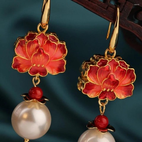 Vintage Red Cloisonne Rose Dangle Earrings for Women