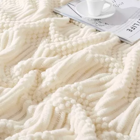 Inyahome Soft Cream White Textured Knitted Throw Blankets with Tassels, Ideal Gift for Cozy Nights