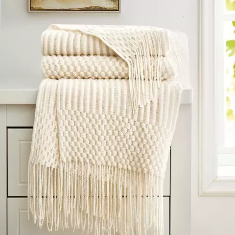 Inyahome Soft Cream White Textured Knitted Throw Blankets with Tassels, Ideal Gift for Cozy Nights