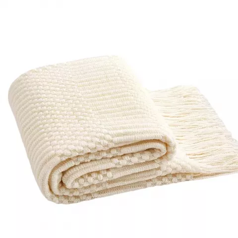 Inyahome Soft Cream White Textured Knitted Throw Blankets with Tassels, Ideal Gift for Cozy Nights