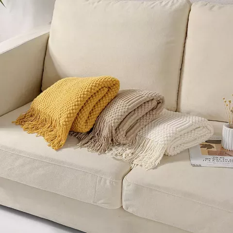 Inyahome Soft Cream White Textured Knitted Throw Blankets with Tassels, Ideal Gift for Cozy Nights