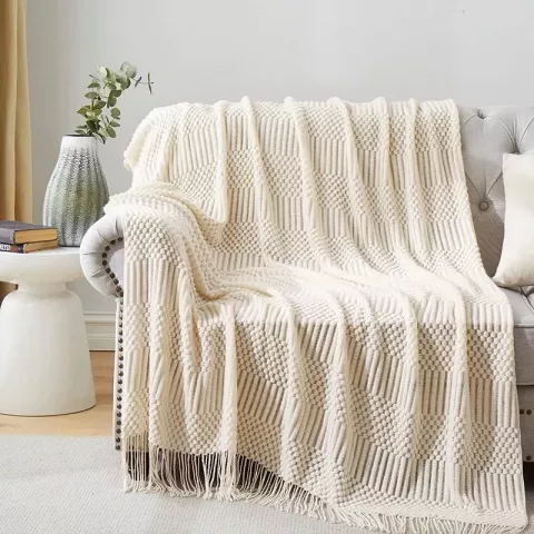 Inyahome Soft Cream White Textured Knitted Throw Blankets with Tassels, Ideal Gift for Cozy Nights