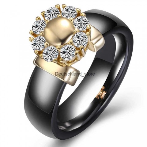 Luxury Band Rings with Sunflower Zircon, Ceramic Women's Titanium Steel Jewelry Gift in Black and White Q250118