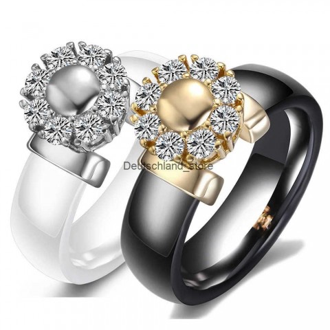 Luxury Band Rings with Sunflower Zircon, Ceramic Women's Titanium Steel Jewelry Gift in Black and White Q250118