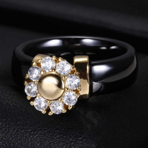 Luxury Band Rings with Sunflower Zircon, Ceramic Women's Titanium Steel Jewelry Gift in Black and White Q250118