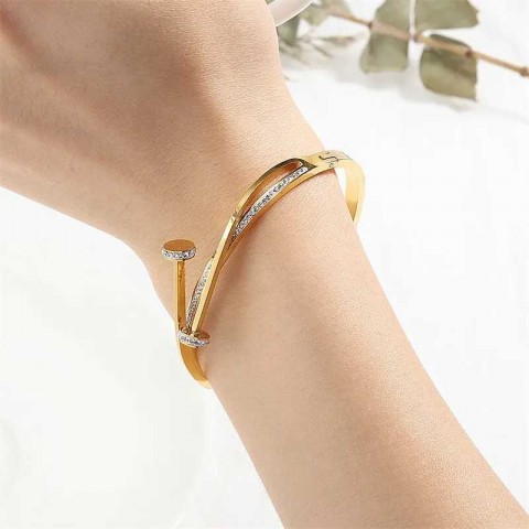 Luxury Unique Double Crystal Nail Head Cross Stainless Steel Bracelet for Women - W240925