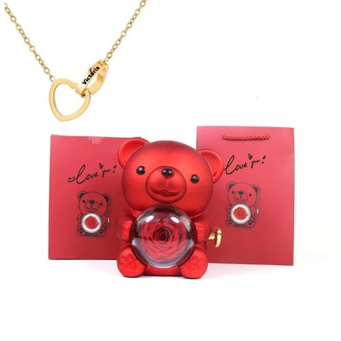 Eternal Gifts for Women: Teddy Bear with Necklace and Rotating Rose Jewelry Box