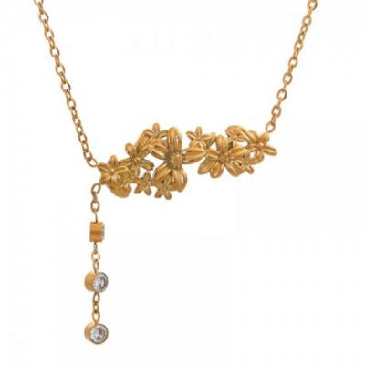 YHPUPTemperament18KPlatedStainlessSteelFlowerPendantNecklacewithZirconiaforWomen