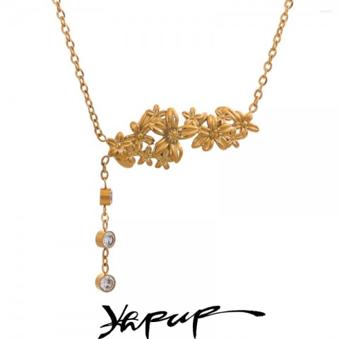 YHPUPTemperament18KPlatedStainlessSteelFlowerPendantNecklacewithZirconiaforWomen