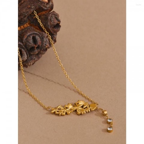 YHPUPTemperament18KPlatedStainlessSteelFlowerPendantNecklacewithZirconiaforWomen