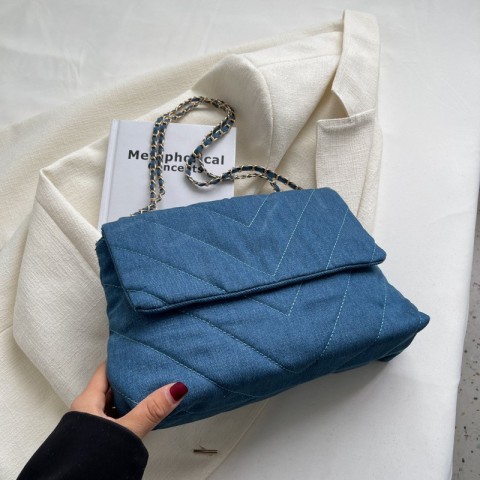 Handbag Women Fashion Denim Shoulder Bag Lightweight PU Material Blue Tote