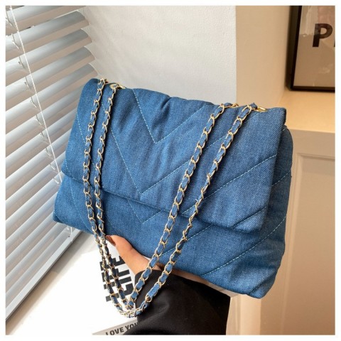 Handbag Women Fashion Denim Shoulder Bag Lightweight PU Material Blue Tote