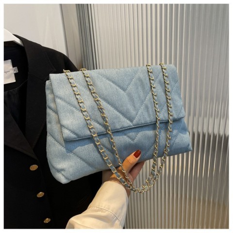 Handbag Women Fashion Denim Shoulder Bag Lightweight PU Material Blue Tote