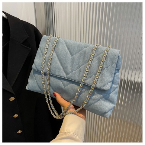 Handbag Women Fashion Denim Shoulder Bag Lightweight PU Material Blue Tote