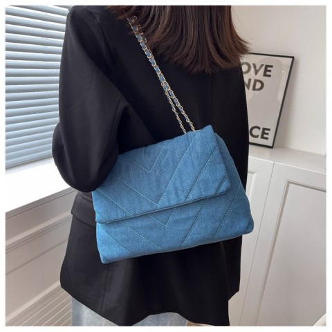 Handbag Women Fashion Denim Shoulder Bag Lightweight PU Material Blue Tote