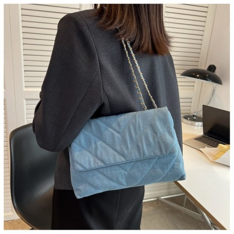 Handbag Women Fashion Denim Shoulder Bag Lightweight PU Material Blue Tote