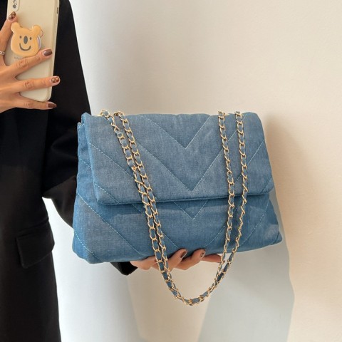 Handbag Women Fashion Denim Shoulder Bag Lightweight PU Material Blue Tote