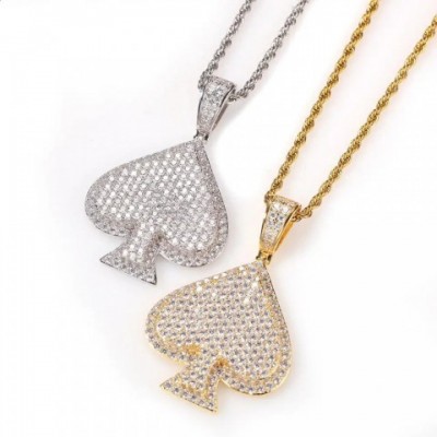 Hip Hop Style Full CZ Pave Bling Ice Out Gold Spade Pendant Necklace for Men