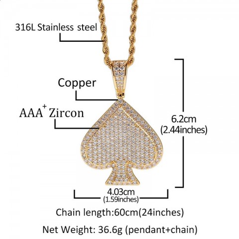 Hip Hop Style Full CZ Pave Bling Ice Out Gold Spade Pendant Necklace for Men