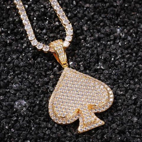 Hip Hop Style Full CZ Pave Bling Ice Out Gold Spade Pendant Necklace for Men