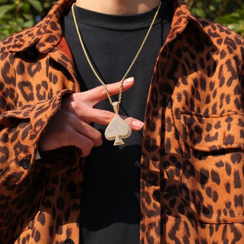 Hip Hop Style Full CZ Pave Bling Ice Out Gold Spade Pendant Necklace for Men
