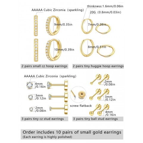 Luxury Small Gold Plated Hoop Earrings Set of 10 for Women