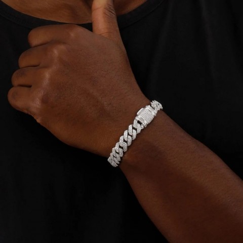 Full Iced Out 12mm Diamond Cuban Link Bracelet - White Gold Plated for Men & Women