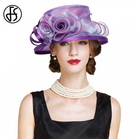 Elegant FS Women's Purple Beige Tea Party Hat with Flower Fascinators for Summer Weddings