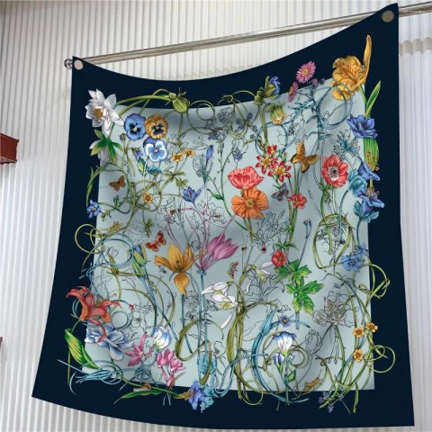 Silk Flower Pattern Square Scarf for Women 90CM